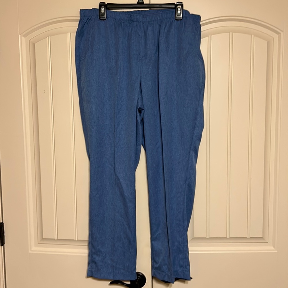 Women’s pull on pants with elastic waist that looks like Blue Jean material.